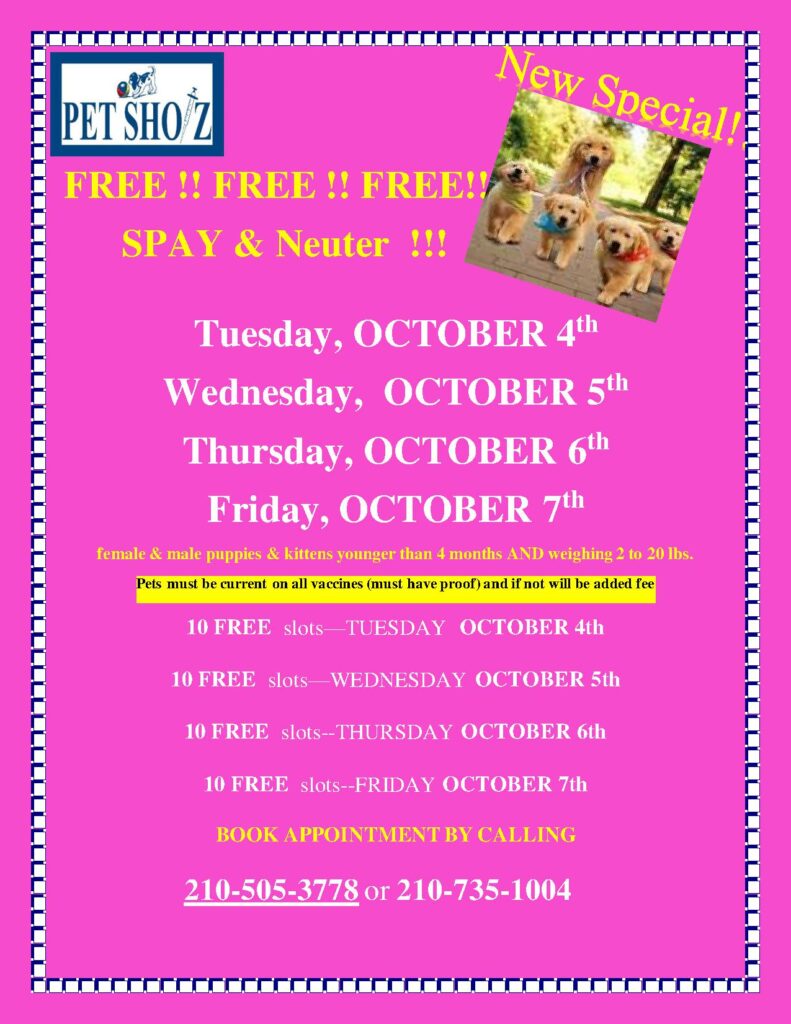 SPAY NEUTER SCOOTER SpecialsFlyer OCTOBER 4 OCTOBER 7 2022 Pet Shotz